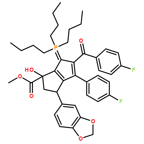 1-Pentalenecarboxylic acid, 3-(1,3-benzodioxol-5-yl)-5-(4-fluorobenzoyl)-4-(4-fluorophenyl)-1,2,3,6-tetrahydro-1-hydroxy-6-(tributylphosphoranylidene)-, methyl ester, (1R,3R)-rel-