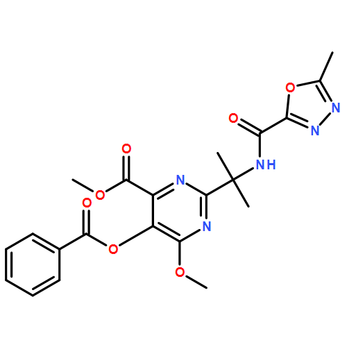 4-Pyrimidinecarboxylic acid, 5-(benzoyloxy)-6-methoxy-2-[1-methyl-1-[[(5-methyl-1,3,4-oxadiazol-2-yl)carbonyl]amino]ethyl]-, methyl ester