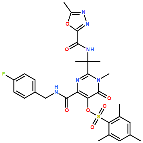 Benzenesulfonic acid, 2,4,6-trimethyl-, 4-[[[(4-fluorophenyl)methyl]amino]carbonyl]-1,6-dihydro-1-methyl-2-[1-methyl-1-[[(5-methyl-1,3,4-oxadiazol-2-yl)carbonyl]amino]ethyl]-6-oxo-5-pyrimidinyl ester