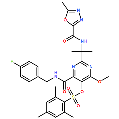 Benzenesulfonic acid, 2,4,6-trimethyl-, 4-[[[(4-fluorophenyl)methyl]amino]carbonyl]-6-methoxy-2-[1-methyl-1-[[(5-methyl-1,3,4-oxadiazol-2-yl)carbonyl]amino]ethyl]-5-pyrimidinyl ester