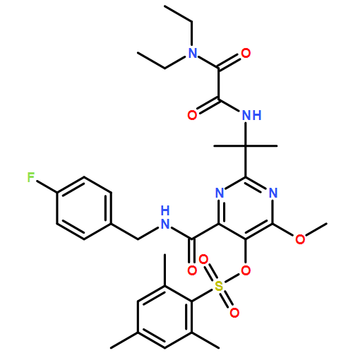 Benzenesulfonic acid, 2,4,6-trimethyl-, 2-[1-[[2-(diethylamino)-2-oxoacetyl]amino]-1-methylethyl]-4-[[[(4-fluorophenyl)methyl]amino]carbonyl]-6-methoxy-5-pyrimidinyl ester