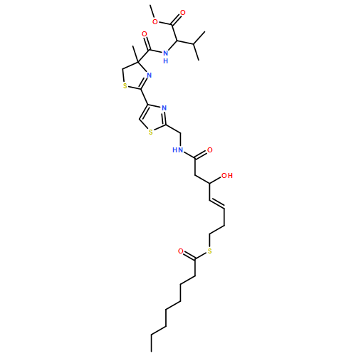 L-Valine, N-[[(4R)-4,5-dihydro-2'-[[[(3S)-3-hydroxy-1-oxo-7-[(1-oxooctyl)thio]-4-hepten-1-yl]amino]methyl]-4-methyl[2,4'-bithiazol]-4-yl]carbonyl]-, methyl ester