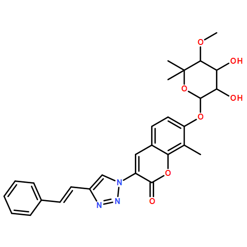 2H-1-Benzopyran-2-one, 7-[(6-deoxy-5-C-methyl-4-O-methyl-α-L-lyxo-hexopyranosyl)oxy]-8-methyl-3-[4-[(1E)-2-phenylethenyl]-1H-1,2,3-triazol-1-yl]-