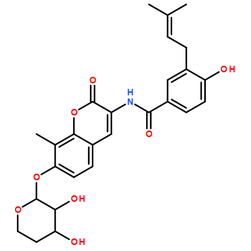 Benzamide, N-[7-[(4-deoxy-α-D-erythro-pentopyranosyl)oxy]-8-methyl-2-oxo-2H-1-benzopyran-3-yl]-4-hydroxy-3-(3-methyl-2-buten-1-yl)-