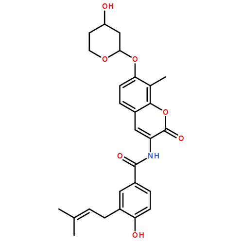 Benzamide, 4-hydroxy-3-(3-methyl-2-buten-1-yl)-N-[8-methyl-2-oxo-7-[[(2R,4R)-tetrahydro-4-hydroxy-2H-pyran-2-yl]oxy]-2H-1-benzopyran-3-yl]-