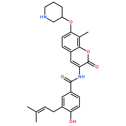 Benzamide, 4-hydroxy-3-(3-methyl-2-buten-1-yl)-N-[8-methyl-2-oxo-7-(3-piperidinyloxy)-2H-1-benzopyran-3-yl]-