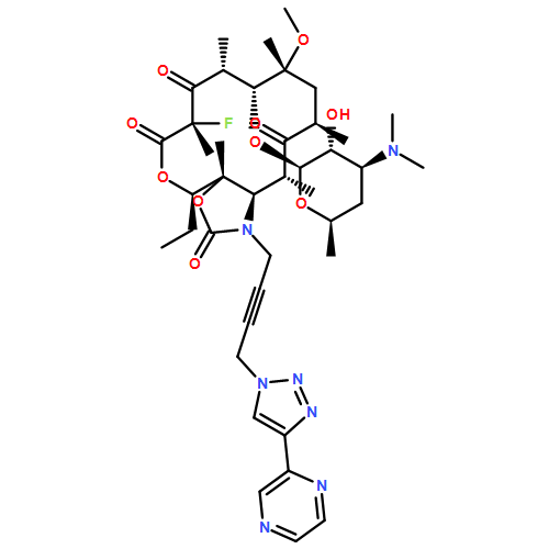 2H-Oxacyclotetradecino[4,3-d]oxazole-2,6,8,14(1H,7H,9H)-tetrone, 4-ethyl-7-fluorooctahydro-11-methoxy-3a,7,9,11,13,15-hexamethyl-1-[4-[4-(2-pyrazinyl)-1H-1,2,3-triazol-1-yl]-2-butyn-1-yl]-10-[[3,4,6-trideoxy-3-(dimethylamino)-β-D-xylo-hexopyranosyl]oxy]-, (3aS,4R,7S,9R,10R,11R,13R,15R,15aR)-