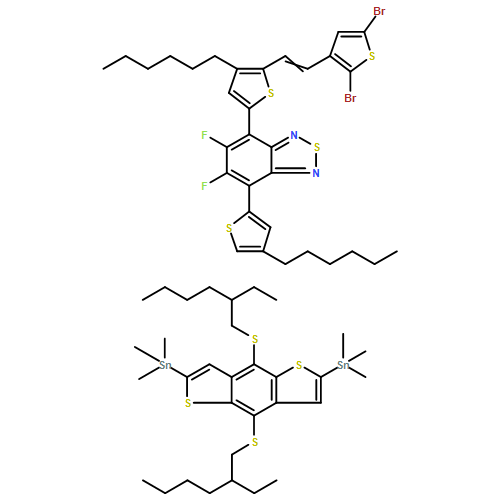 2,1,3-Benzothiadiazole, 4-[5-[2-(2,5-dibromo-3-thienyl)ethenyl]-4-hexyl-2-thienyl]-5,6-difluoro-7-(4-hexyl-2-thienyl)-, polymer with 1,1'-[4,8-bis[(2-ethylhexyl)thio]benzo[1,2-b:4,5-b']dithiophene-2,6-diyl]bis[1,1,1-trimethylstannane] 