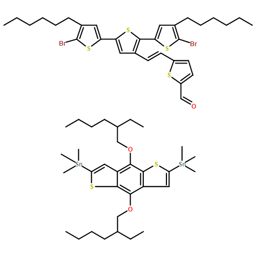 2-Thiophenecarboxaldehyde, 5-[(1E)-2-(5,5''-dibromo-4,4''-dihexyl[2,2':5',2''-terthiophen]-3'-yl)ethenyl]-, polymer with 1,1'-[4,8-bis[(2-ethylhexyl)oxy]benzo[1,2-b:4,5-b']dithiophene-2,6-diyl]bis[1,1,1-trimethylstannane] 